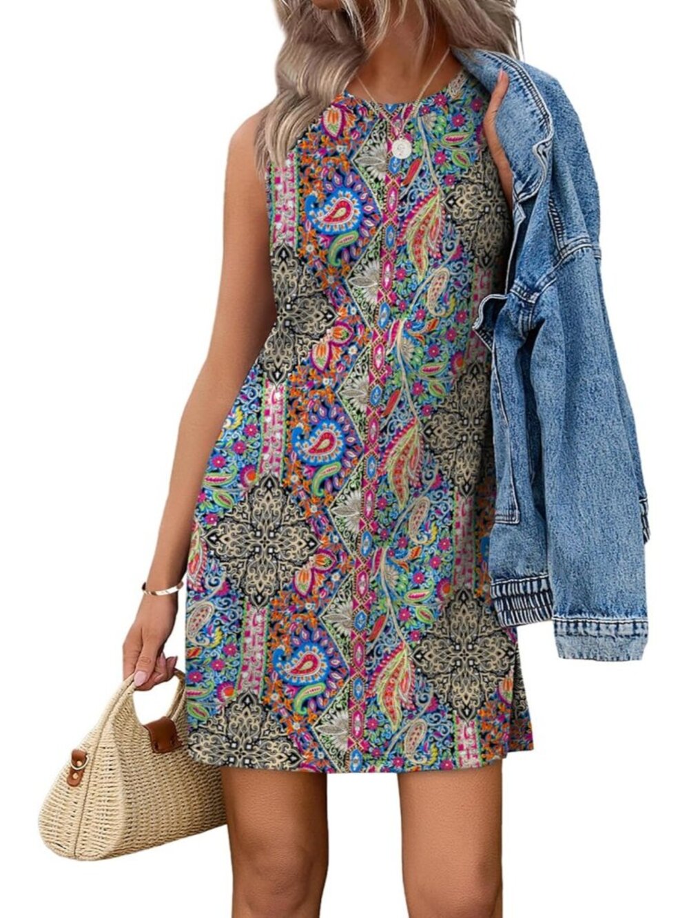 Women's Boho Print Floral Summer Casual Dress Crewneck Sleeveless Tank Dress